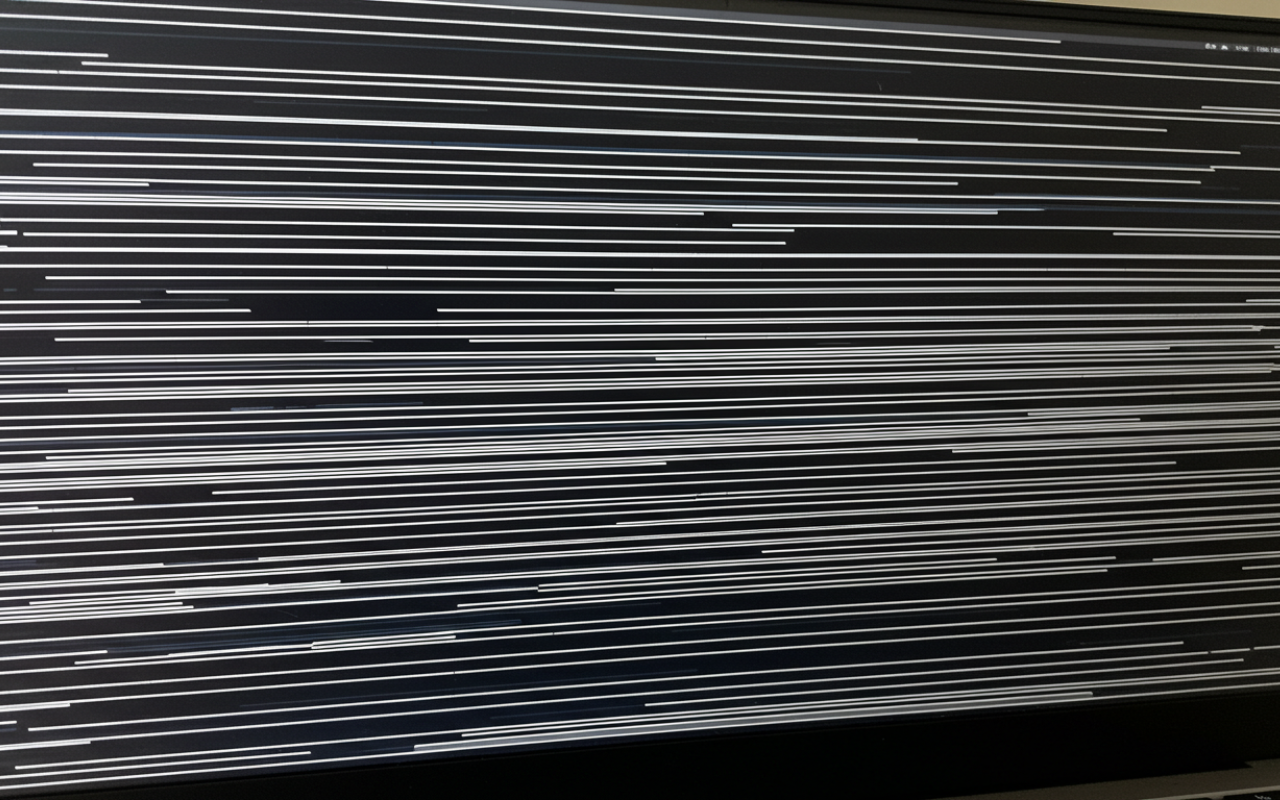 Close-up of a laptop screen showing vertical and horizontal lines due to display issues