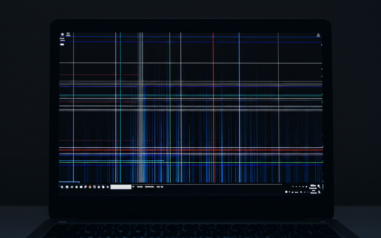Damaged laptop screen with colored lines across the display, awaiting repair
