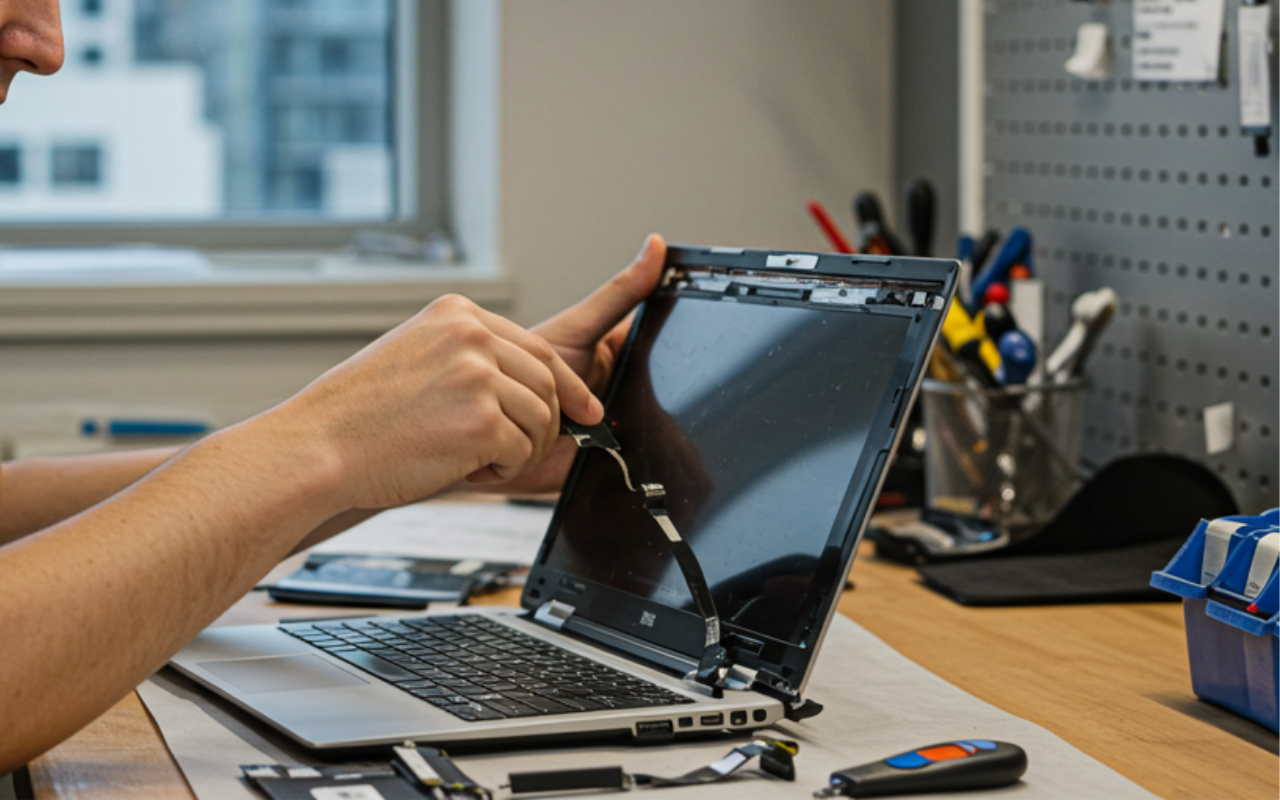 Technician in Brisbane repairing a laptop screen – highlighting local repair expertise.