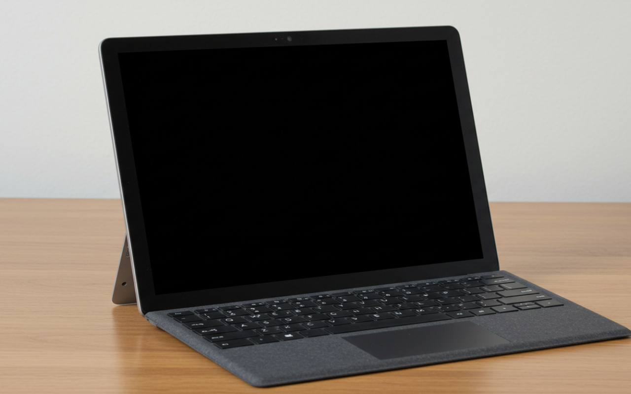 Microsoft Surface Pro with a black screen on a desk, showing no display despite being powered on