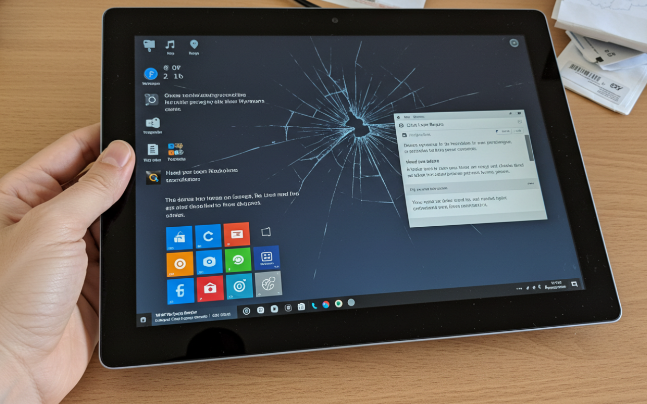 Surface Pro device connected to a charger with a dark screen indicating display failure