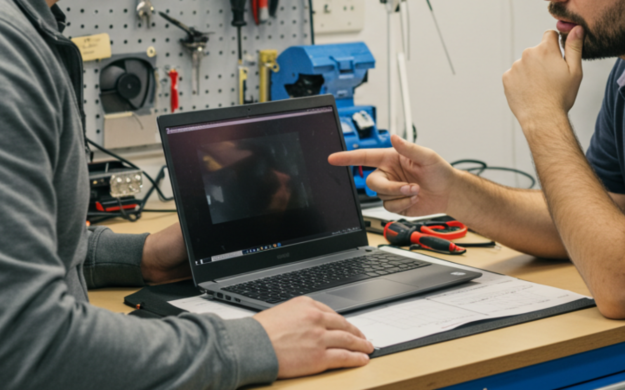 technician examining laptop with persistent flickering issues