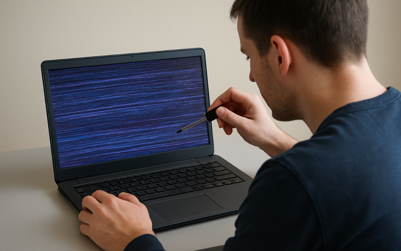 laptop owner attempting DIY repair on a flickering screen